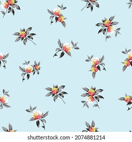 flores vectoriales rosas y amarillas con motivos de hojas grises sobre fondo azul