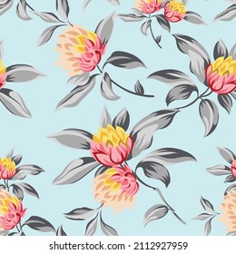 pink and yellow vector flowers with grey leaves pattern on blue background