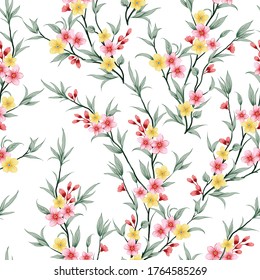 pink and yellow vector flowers with leaves pattern of white