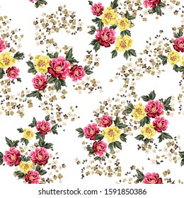 pink and yellow vector flowers pattern on seamless small flower background.