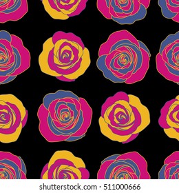 Pink and yellow vector roses petals on a black background.