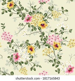 pink and yellow vector small flowers with leaves pattern on yellow background