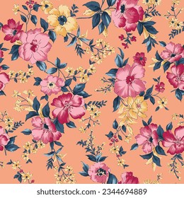 pink and yellow vector stock flowers with leaves pattern on orange background