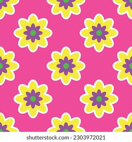 Pink yellow Vibrant Y2K floral pattern. Funny funky retro flowers background