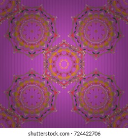Pink and yellow vintage textile print. Oriental ornament seamless pattern. Motley tiles with floral motif. Islamic vector mulicolored design.