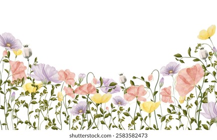 Pink, yellow, violet flowers border banner for stationary, greetings, etc. Floral watercolor decoration. Digital illustration hand drawing.
