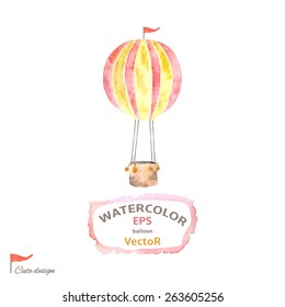 Pink and yellow watercolor air balloon with flag