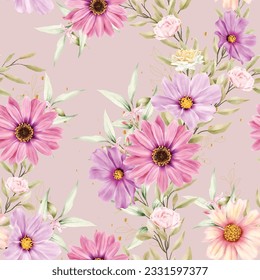 pink and yellow watercolor floral and leaves seamless pattern