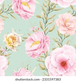 pink and yellow watercolor floral and leaves seamless pattern