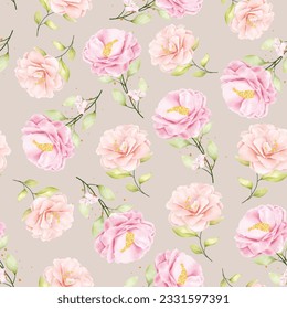 pink and yellow watercolor floral and leaves seamless pattern