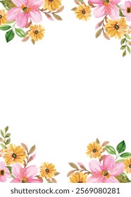 Pink yellow watercolor flower border, vertical floral frame background.