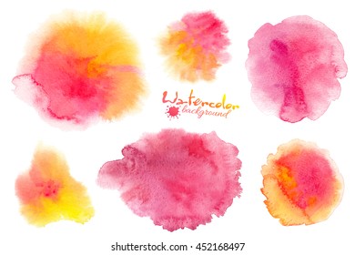 Pink and yellow watercolor splashes vector backgrounds set isolated on white