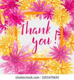 Pink and yellow watercolored background with abstract flower. Square shaped. Thank you handwritten modern calligraphy lettering message.