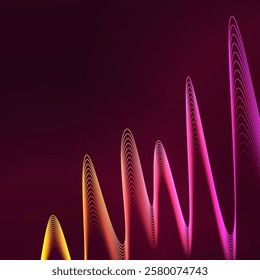 Pink and yellow wave square background. Vector design with neon light effect and space for text. Shiny wavy lines on dark background