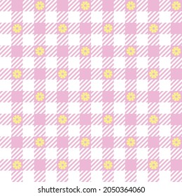 Gingham rosa, amarilla y blanca con motivos margaritas. Patrón de control vectorial sin inconvenientes para la moda, la decoración del hogar y la estacionalidad.