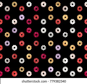 Pink, Yellow, White, Purple, Beige, Red, Orange Spot Flower Seamless Pattern On Black. Mid Century Mod Abstract Floral Geometric Ornament For Prints, Textile, Fabric, Package, Cover, Greeting Card