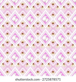 Patrón transparente rosa, amarillo y blanco con flores y rombo. Ilustración vectorial.  Diseño para azulejos, fundas de cojines, mantas, alfombras y textiles.