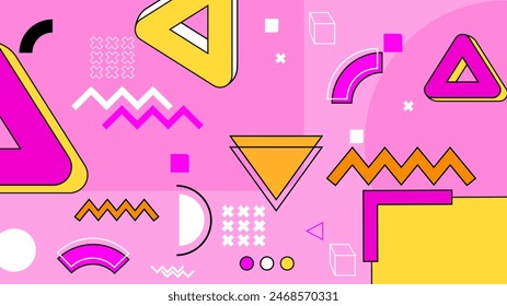 Pink yellow and white vector memphis design background with geometric shapes