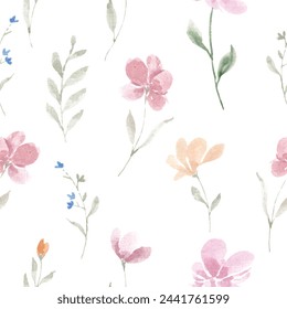 Pink and Yellow Wild Watercolor Flower Seamless Pattern