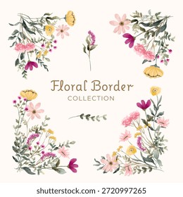 pink yellow wildflower border corner watercolor collection