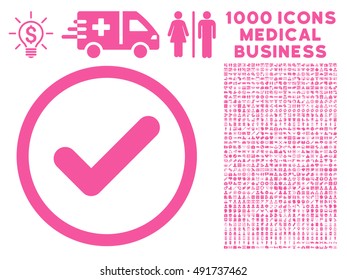 Pink Yes vector rounded icon. Image style is a flat icon symbol inside a circle, white background. Bonus clip art contains 1000 healthcare business symbols.