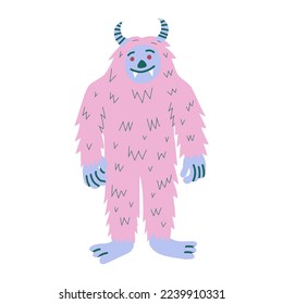 Ilustración de yeti rosado. Monstruo de caricatura, aislado de fondo blanco.