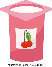 Pink yogurt with cherry, illustration, vector on white background