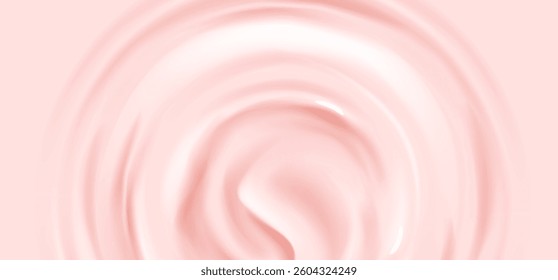 Pink yogurt or cosmetic cream texture. Milk strawberry dessert surface with circle ripples. 3d realistic mousse or lotion. Vector abstract delicate sweet dessert or face care product background.