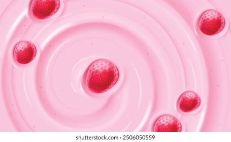 Pink yogurt or ice cream surface texture with strawberry and swirl wave pattern. Milk creamy sweet berry soft product. Realistic vector background of summer dessert sorbet or dairy pudding smooth top.