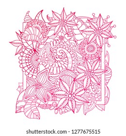 Pink zentangle flat layout with abstract floral bouquet. Adult coloring book page.
