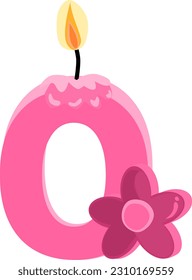 Pink zero 0 number happy birthday candle and flower vector illustration.
