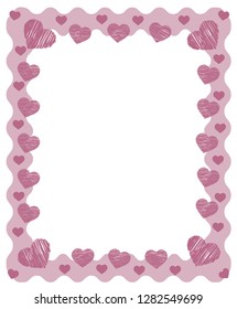 Pink Zig Zag Frame Border With Red Pink Hearts And Place For Greeting Card Text For Valentines Day, Wedding, Brithday Or Romance. Vintage Retro Style Vectoreps 10 Illustration