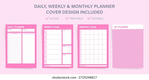 Pink zigzag themed planner kit. Vector templates. For day, week, month planning. Cute cover design for tablet or print. Editable organizer pages. mood tracker, goals planner, weekly review, journal notes.
