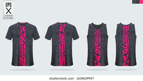 Pink-Black t-shirt sport mockup template design for soccer jersey, football kit. Tank top for basketball jersey and running singlet. Sport uniform in front view, back view.  Vector art Illustration.