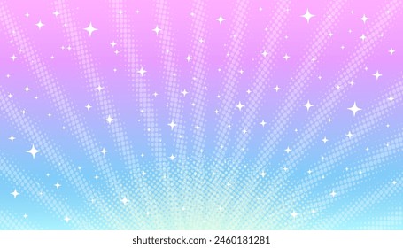 Fondo rosa-azul y rayos de rayos de luz con efecto de semitono y estrellas en el estilo de manga, cómics. Vector Imagen de luces y focos de escenario, concierto, vacaciones, sorpresa.