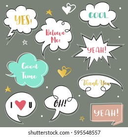 Pink,blue bubble talk with Believe me,Yes,Good time,Thank you,Yeah and I love you wording
