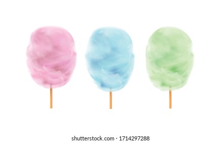 Pink,blue and green cotton candy on a wooden stick.Sweets for parties and children. Sugar clouds 3d vector icon set.