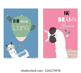 Pink,blue hand drawn cute card with llama, heart glasses and cactus. No drama llama