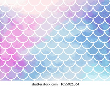 Pink-blue mermaid scales. Watercolor fish scales. Underwater sea pattern. Vector illustration. Perfect for print design for textile, poster, greeting card, invitation.