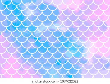 Pink-blue mermaid scales. Watercolor fish scales. Underwater sea pattern. Vector illustration. Perfect for print design for textile, poster, greeting card, invitation.
