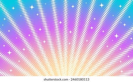 Fondo rosa-azul-púrpura-amarillo con rayos de luz, destellos y estrellas en el estilo de manga, cómics. Vector Imagen de un escenario, luces y concierto, vacaciones, sorpresa.