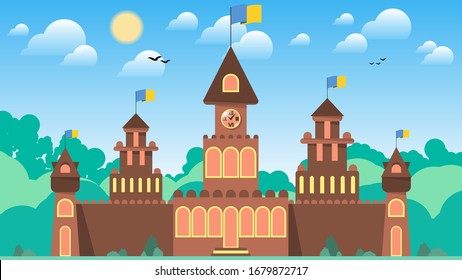 pink-brown castle with blue-yellow flags and a clock on the background of the forest, the sky with the sun, clouds, black silhouettes of flying birds. flat design landscape. vector