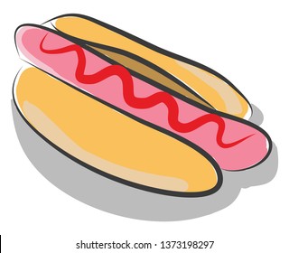 A pink-colored grilled or steamed link-sausage sandwich with red sauce in it vector color drawing or illustration 