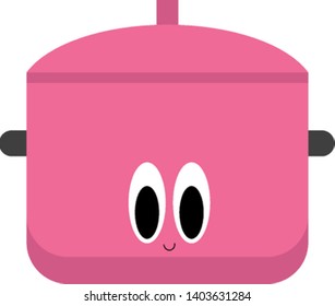 A pink-colored non-stick saucepan specially designed with a dome lid furnished with a knob and soft touch bakelite has a face with eyes rolled down is smiling, vector, color drawing or illustration.