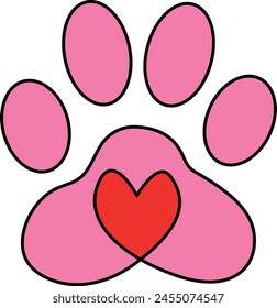 Pink-colored pet paw, adorned with a red heart at its center, set against a sleek black outline