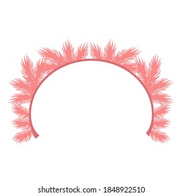 Pink-colored semicircular frame with a place for text with pink fir branches is isolated on a white background. 