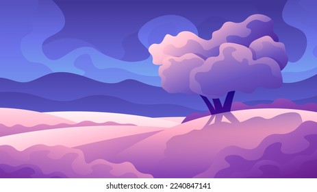 A pink-colored tree stands in the middle of a field. Romantic spring horizontal landscape.