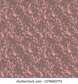 Pinkcontour floral seamless pattern with hand drawing flowers on beige background. Hand drawn manual graphic. Design for textile, fabric, wallpaper, packaging. Vector Illustration