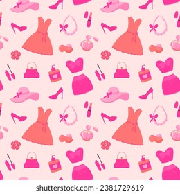 Pinkcore glamour seamless pattern. Pink pattern with cute vintage female accessories, dresses and makeup cosmetic.