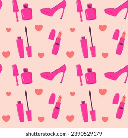 El glamour de Pinkcore es un patrón impecable. Patrón rosa con productos de maquillaje femenino, zapatos y corazones. 